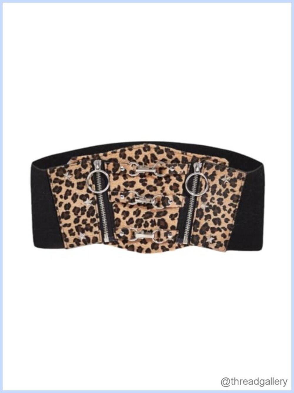 Faux Leather Corset Belt with Leopard Print, Stretchy Elastic, Zipper, Metal